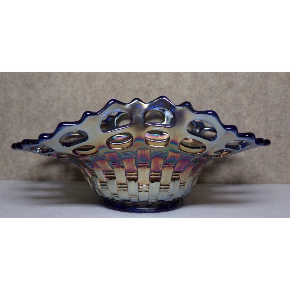 Vintage Fenton IRREDESCENT Carnival Glass Basket Weave Open Lace Edge Candy Dish